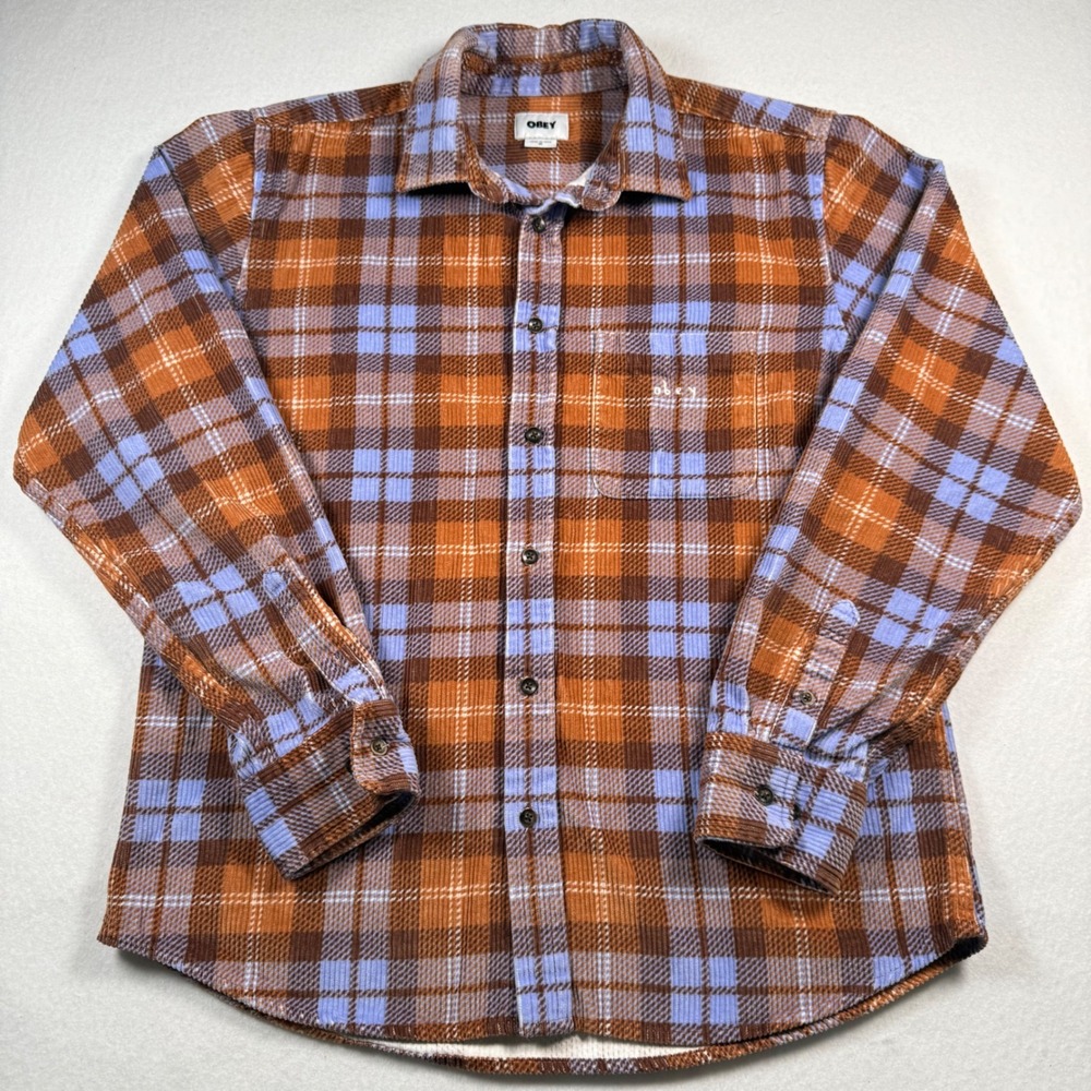 Obey Mens Plaid Corduroy Button Down Shirt Orange Blue Streetwear Medium